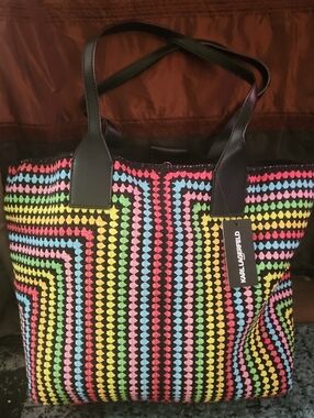 Large Karl Lagerfeld Rainbow Crochet Tote with Black Leather Straps